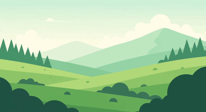 Gentle rolling green hills and mountains under a pale sky with clouds