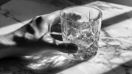 A hand gripping a diamond-cut crystal glass on a marble surface, with light patterns refracting through the glass. Concept Diamond-cut crystal glass close-up, Hand gripping crystal glass