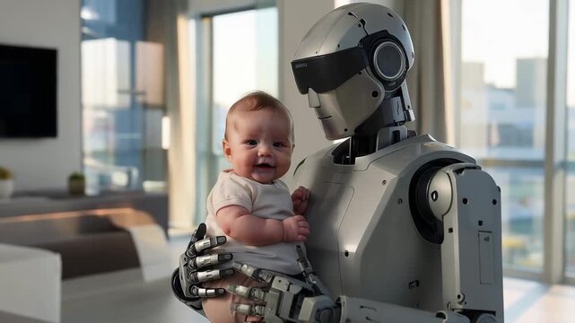 Baby smiling at camera while being held by humanoid robot in modern apartment