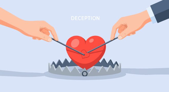 Hands trigger a bear trap holding a heart with a smaller heart inside