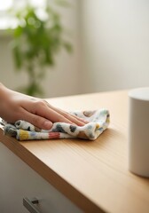 Hand wiping wooden surface with patterned cloth cleaning
