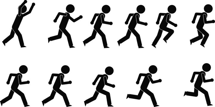 Black silhouette stick figure running motion sequence set showing different stages of sprinting animation isolated on white background for sports infographic vector