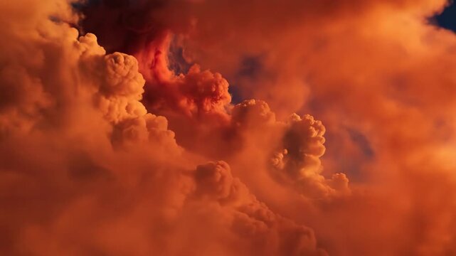 Dramatic Sky with Vibrant Orange and Red Clouds Contrasts Against Deep Blue Backdrop, Creating Fiery and Intense Atmosphere with Swirling Patterns of Colorful Smoke and Striking Cloud Formations video