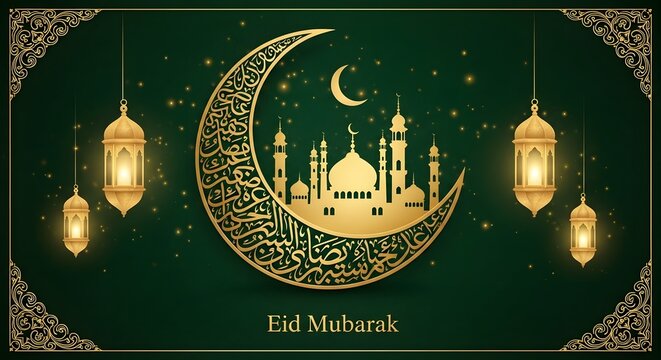 Elegant golden crescent moon with mosque silhouette and ornate details for a peaceful ramadan or eid mubarak celebration