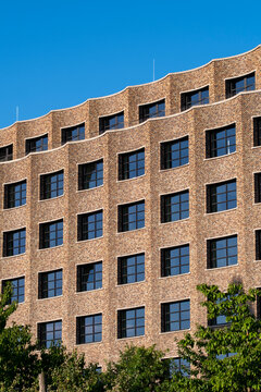 Historic brick architecture building with modern windows in HafenCity district in Hamburg Germany showing residential urban texture and heritage character