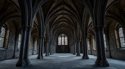 Fototapeta premium Generated image of a Gothic medieval stone hall interior featuring vaulted arches and columns, characterized by a dark architectural background and a symmetrical perspective.