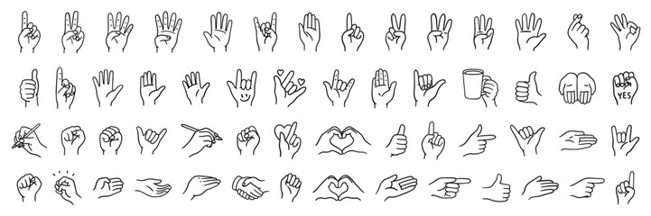 Hand drawn collection of hand gestures and signs in simple line style. Minimal vector set showing fingers, symbols, emotions, and communication gestures for design and UI projects.