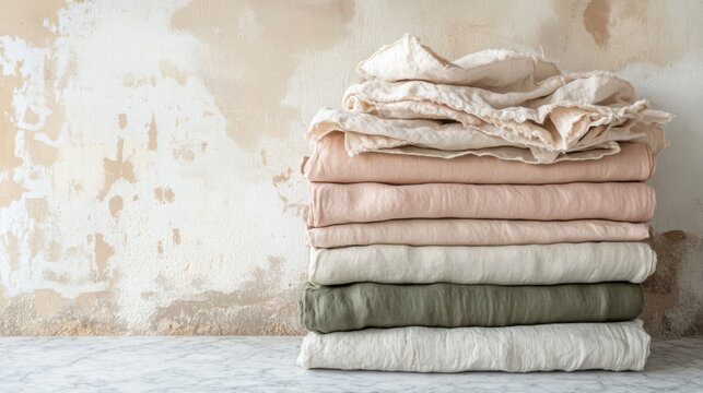 Neatly Stacked Soft Linen Textiles in Muted Tones Against a Rustic Textured Wall Background
