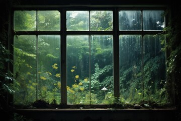 Naklejka premium Old window frame observing a vibrant, wild garden with rain falling