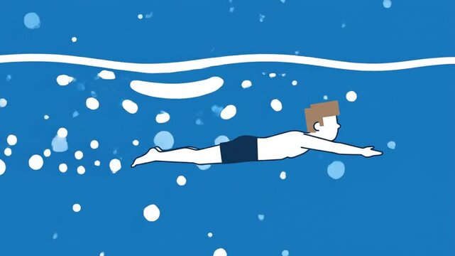 Animated illustration of a male swimmer diving into a pool and gliding underwater.