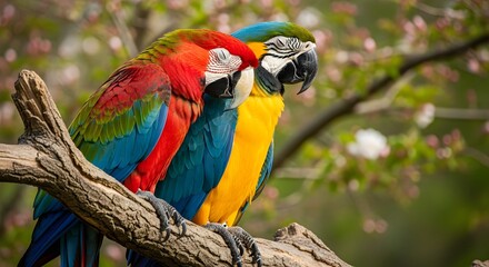 A beautiful red and blue macaw pair lovingly snuggles on a textured branch.