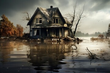 Fototapeta premium Abandoned house submerged in rising floodwaters illustrating climate change