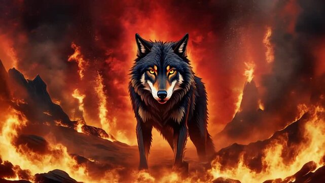 Wolf standing in a fiery volcano eruption with flames