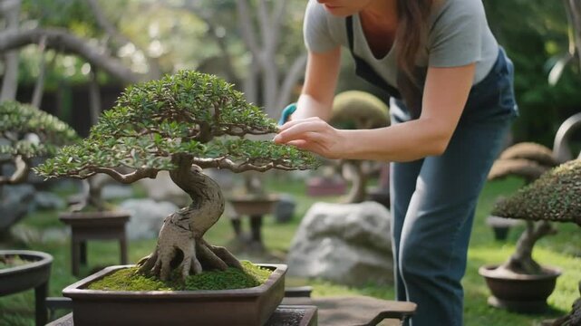 Woman pruning bonsai tree in a garden with other trees