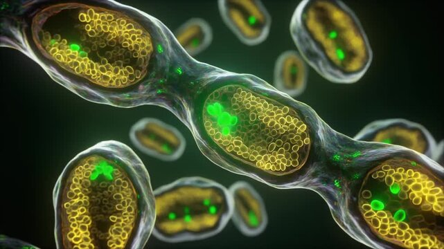 Microorganisms in a chain-like formation, viewed under a microscope, with green fluorescent proteins highlighting cellular structures