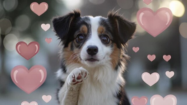 dog raises paw in outdoor closeup as animated hearts float around, playful valentine vibe with shallow focus softly by Generative AI