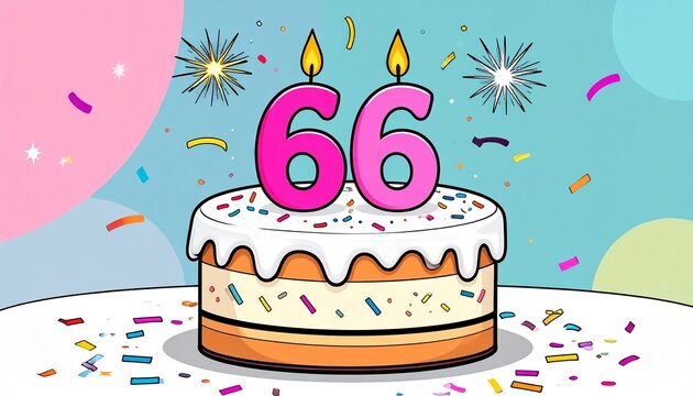 Cartoon birthday cake with number 66 candle. Illustration for birthday or anniversary celebration