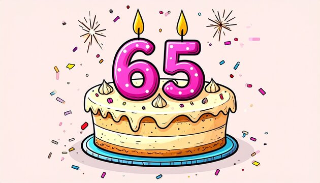 Cartoon birthday cake with number 65 candle. Illustration for birthday or anniversary celebration