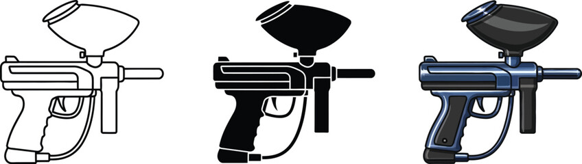 Collection of paintball markers in outline silhouette and realistic styles isolated on white background for sport and gaming graphics © Ahmad
