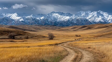 Fototapeta premium Golden Field Leading to Snow Capped Mountains Under Cloudy Sky in Remote Landscape with Dramatic Lighting and Serene Atmosphere Creates a Picturesque View