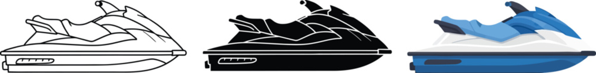 Collection of jet ski icons including outline silhouette and colored vector graphics for water sports and leisure themes isolated on white © Ahmad
