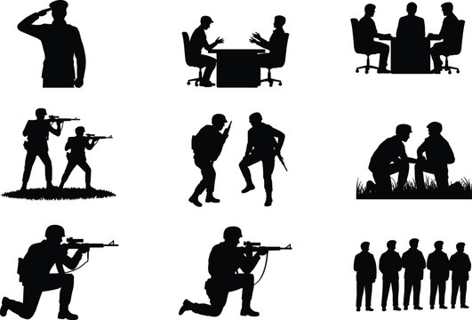 Military silhouettes, soldier saluting, armed combat stance, planning, communication gesture, crouched observation, group formation, defense readiness, cad drawing flat vector illustration