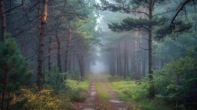 Misty pine forest path at sunrise, cinematic moody atmosphere, low‑key lighting, 24mm lens style