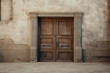 Naklejka premium Rustic wooden door set in a weathered stone wall, offering an entrance to a historic building