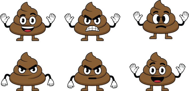 Poop emoji characters, cartoon expressions, smiling angry sad faces, emoticons, playful design, expressive icons, comedy illustration, cad drawing flat vector illustration