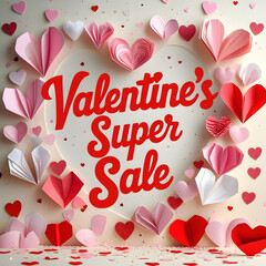Valentines day super sale background with heart paper art
