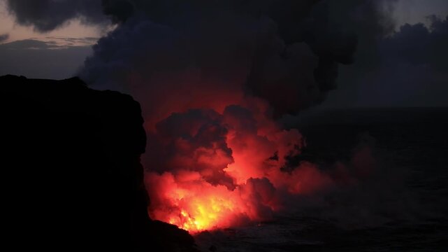Dramatic volcanic lava flow entering the ocean on the Big Island of Hawaii. Glowing molten lava meets seawater, creating intense steam clouds and fiery red light against a dark coastal landscape.