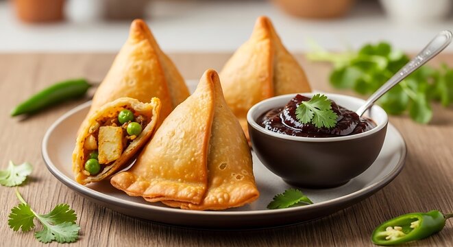 Delicious golden samosas filled with peas and paneer served with chutney and fresh cilantro