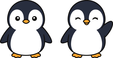Cartoon penguins vector illustration, cute black and white birds with orange beaks feet, playful wink wave, cheerful animal art design © Hafeza