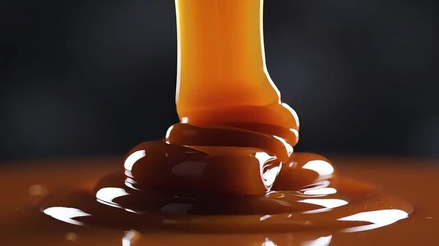 Thick Golden Caramel Sauce Pouring Close Up