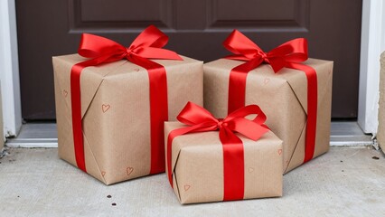 Fototapeta premium Wrapped Gift Boxes with Red Ribbon on Doorstep