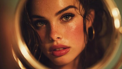 Close-up of a freckled woman with glossy lips and green-blue eyes, reflected in a round mirror with warm lighting. Concept Freckled close-up portrait, Glossy lips and green-blue eyes