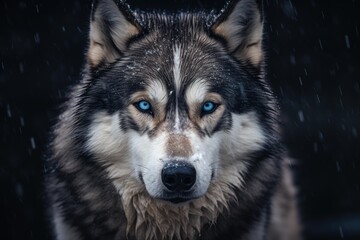 Siberian husky dog with blue eyes looking forward during a chilly snow shower