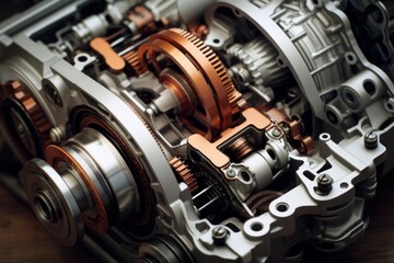 Obraz premium Industrial precision engine interior showcasing intricate mechanical components and copper gears
