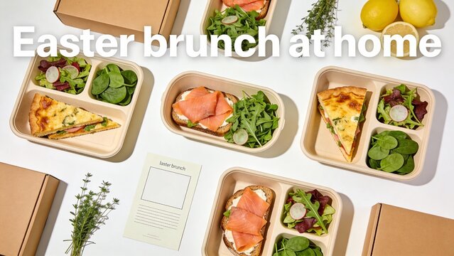 Meal Kit Style Easter Brunch Flat Lay (Unbranded Ingredients, Copy Space)