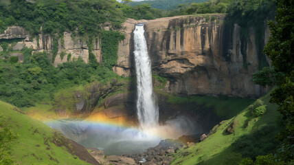 Majestic waterfall cascading down cliffs with a rainbow in the mist