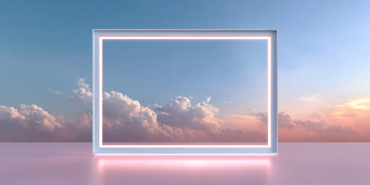 Glowing rectangular neon frame standing on reflective surface with cloudy sky and sunset background in surreal minimalistic setting