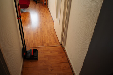 Tall broom and dust pan standing in an apartment corridor. Simple everyday home interior scene showing basic cleaning tools stored indoors for routine household maintenance.