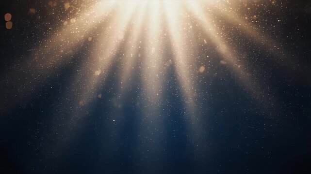 A dreamy scene of light rays emanating from above, scattered particles shimmer in the air with golden hues, giving a celestial feel