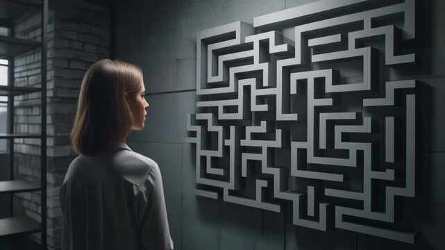 Woman Contemplates Complex Maze in Dimly Lit Room.