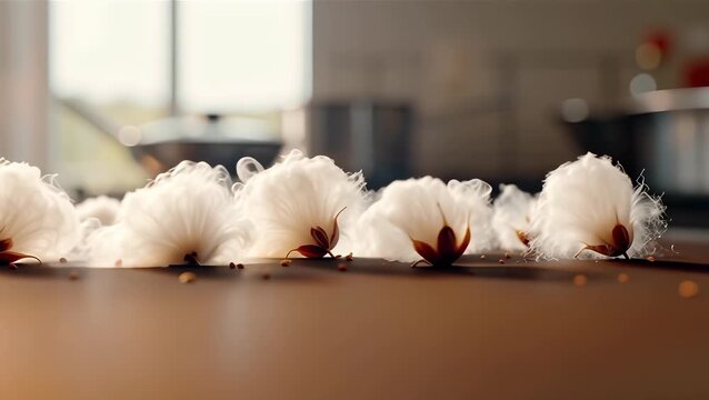 Natural Cotton Bolls on a Wooden Surface in the Morning Light
