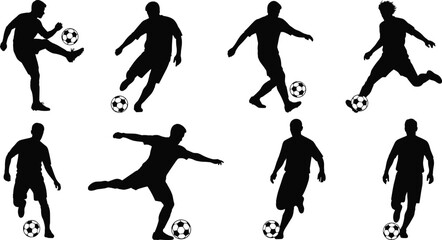 Set of soccer football player silhouettes in action poses including kicking dribbling and shooting ball isolated on white background vector © Azufa