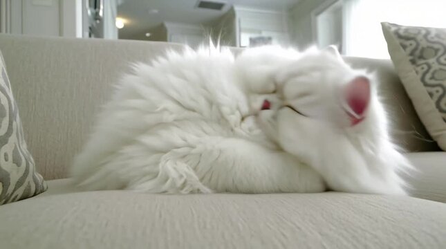 Fluffy Persian Cat Sleeping Peacefully on Luxury Couch Home