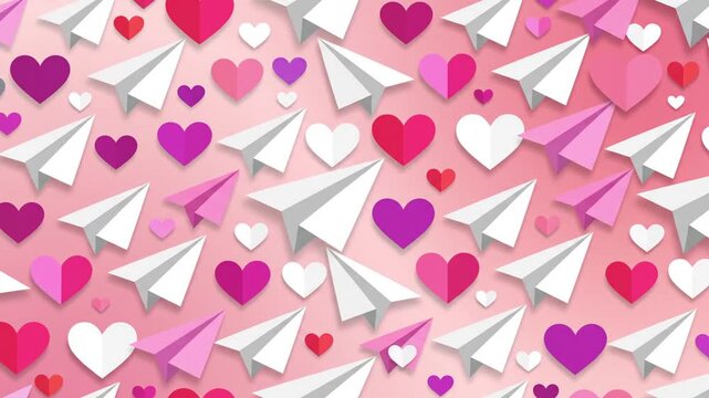 Paper airplanes and hearts pattern in pink purple and white background