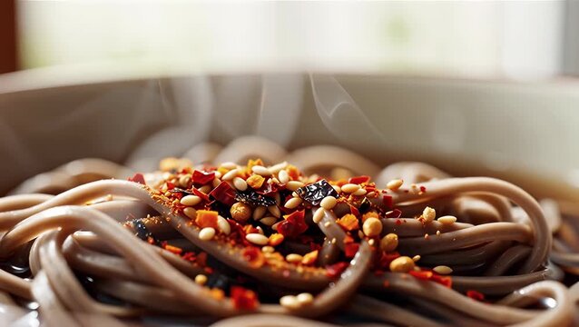 Delicious Bowl of Soba Noodles with Spices and Garnishes
