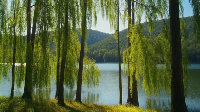 Serene lake scene with willows and mountains in the background